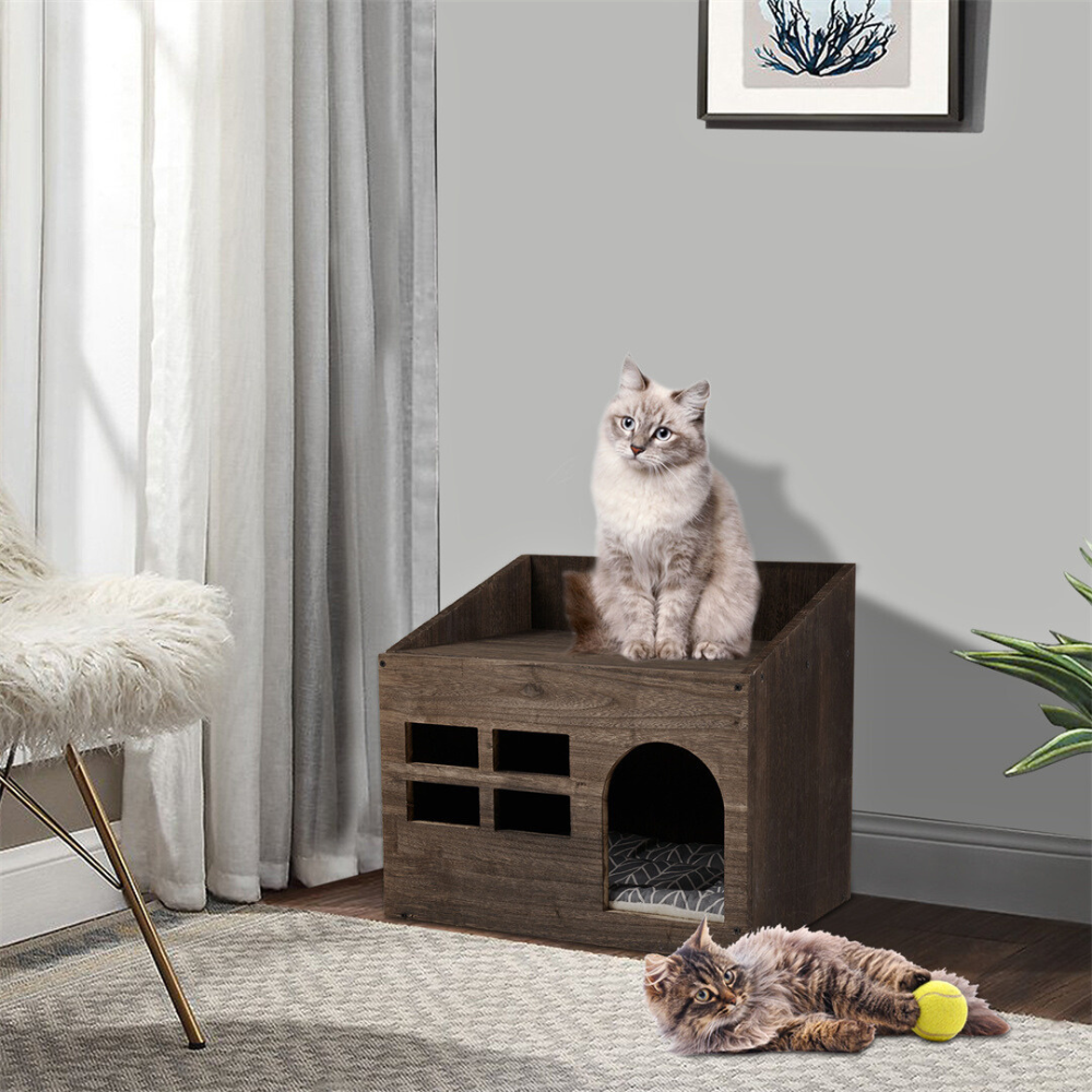 Cozy Wooden Cat Cave Bed with Cushion Pad and Litter Box_3