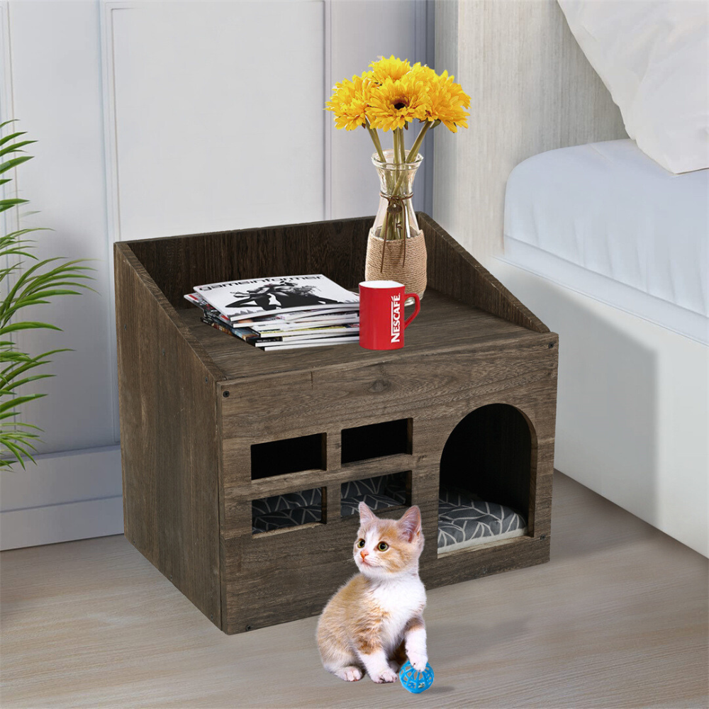 Cozy Wooden Cat Cave Bed with Cushion Pad and Litter Box_5